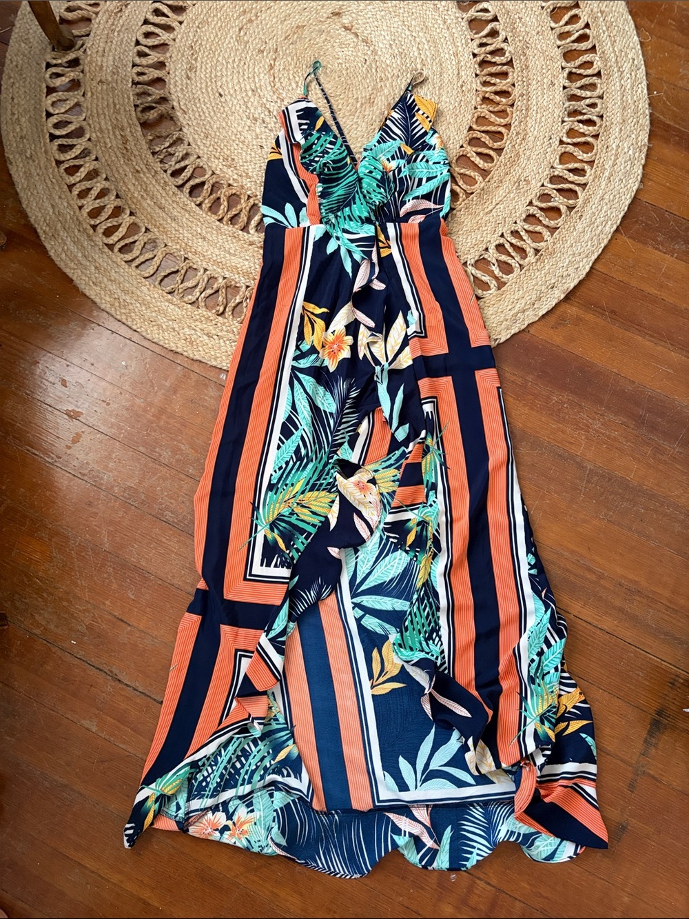 Aakaa Navy, Teal & Rust Tropical Asymmetrical Maxi Dress